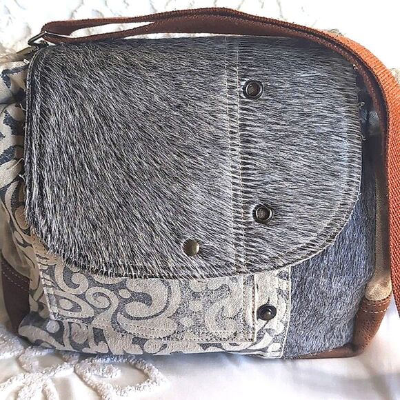 Myra Calf Hair/Canvas Distressed Crossbody Messenger Bag - Picture 16 of 16
